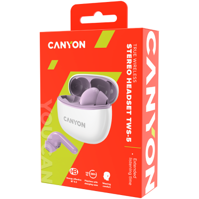 CANYON TWS-5, Bluetooth headset, with microphone, BT V5.3 JL 6983D4, Frequence Response:20Hz-20kHz, battery EarBud 40mAh*2+Charging Case 500mAh, type-C cable length 0.24m, size: 58.5*52.91*25.5mm, 0.036kg, Purple