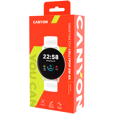 CANYON Lollypop SW-63, Smart watch, 1.3inches IPS full touch screen, Round watch, IP68 waterproof, multi-sport mode, BT5.0, compatibility with iOS and android, Silver white, Host: 25.2*42.5*10.7mm, Strap: 20*250mm, 45g