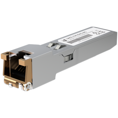 Ubiquiti UACC-CM-RJ45-MG SFP+ to RJ45 adapter, 1/2.5/5/10 GbE is a RJ45 transceiver that can be inserted into an SFP port in order to connect a copper Ethernet cable